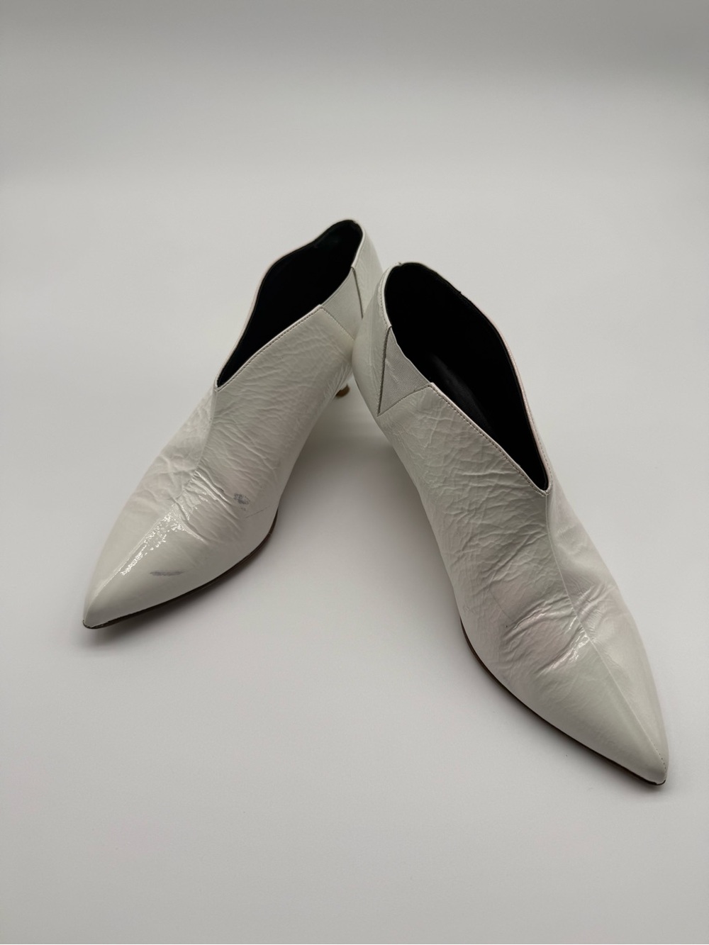 Tibi White Crinkle Patent Leather Pointed Toe Flats Slip-On Minimalist Chic 37.5